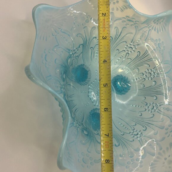 Antique Northwood Blue Opalescent Pearl Flowers Footed Bowl 9” Diameter - Picture 5 of 6